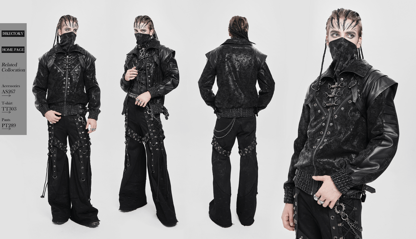 Biker Black Jacket with Buckles and Leather Details