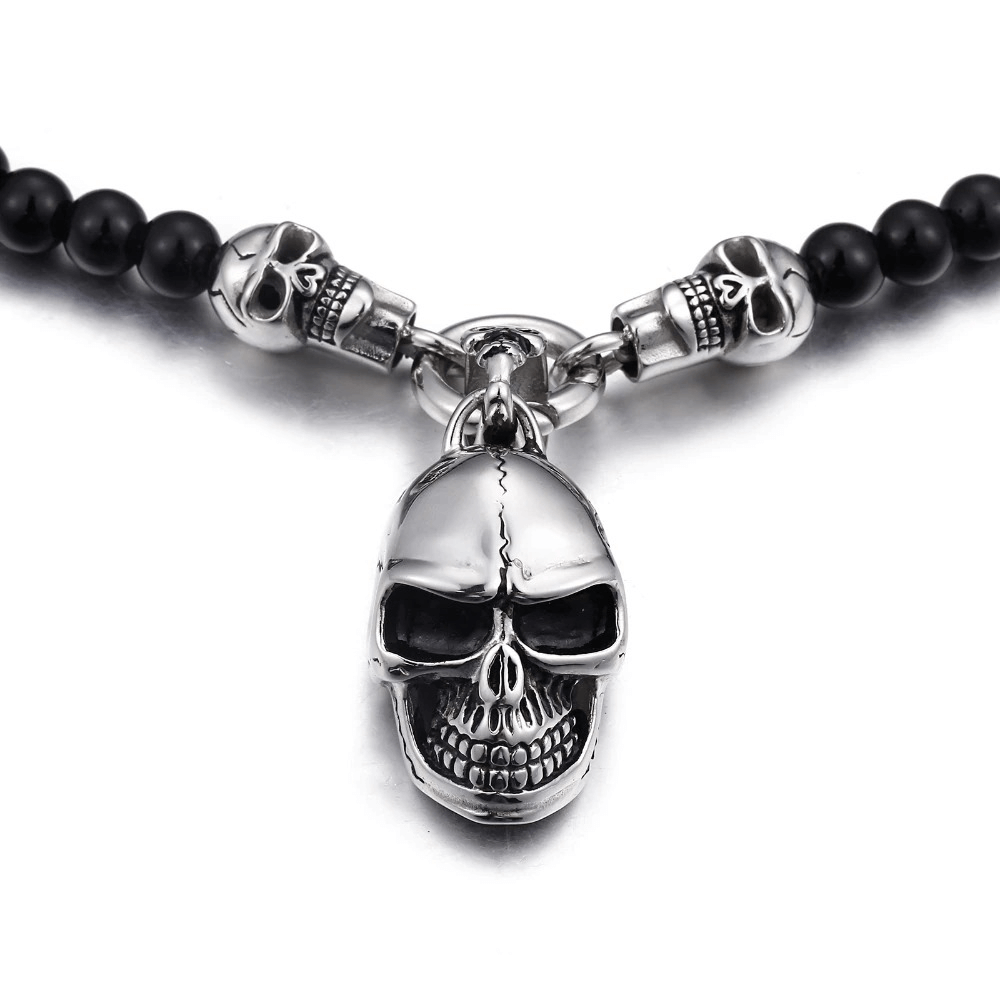 Biker Chain Necklace Glass Beads / Rock Style Stainless Steel Skull Pendant
