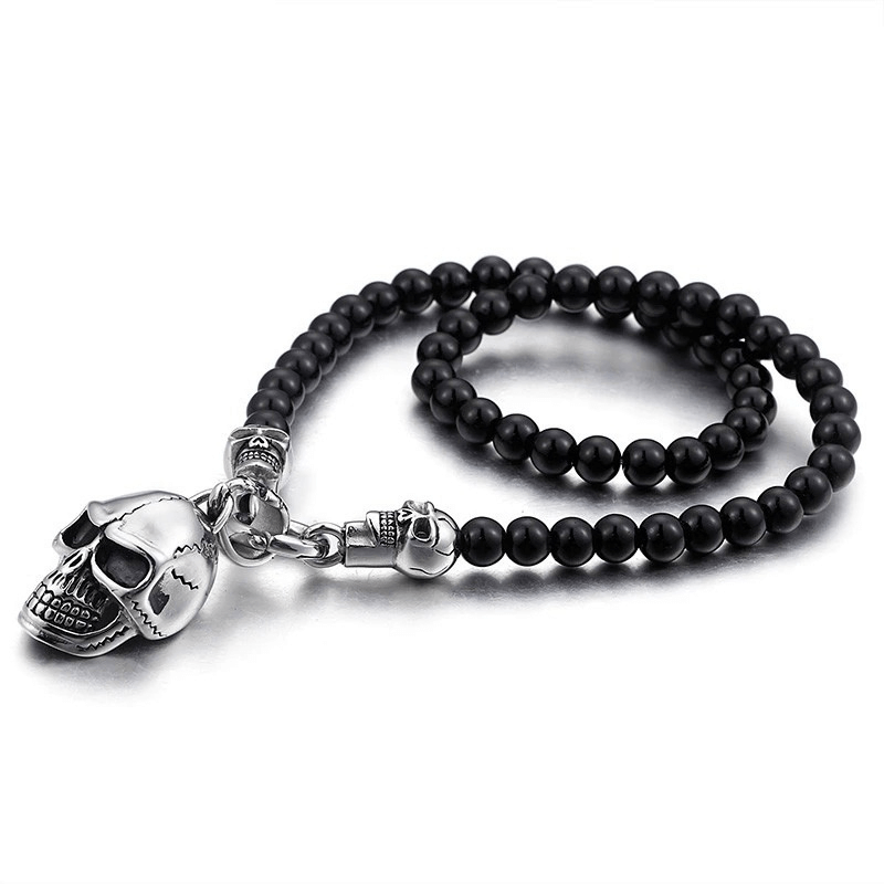 Biker Chain Necklace Glass Beads / Rock Style Stainless Steel Skull Pendant