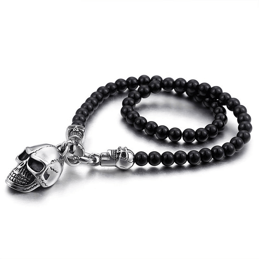 Biker Chain Necklace Glass Beads / Rock Style Stainless Steel Skull Pendant