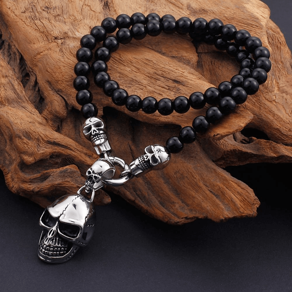 Biker Chain Necklace Glass Beads / Rock Style Stainless Steel Skull Pendant