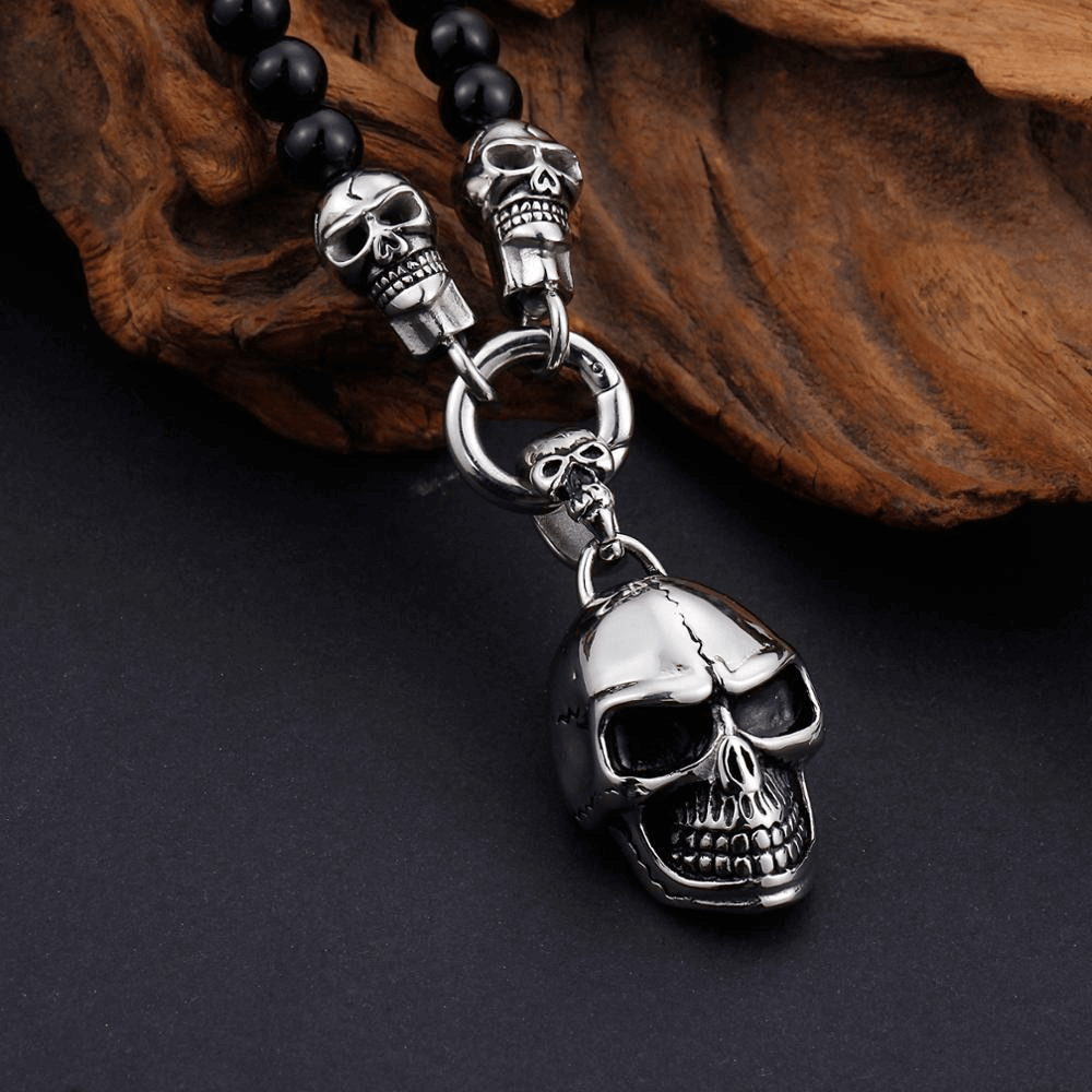 Biker Chain Necklace Glass Beads / Rock Style Stainless Steel Skull Pendant