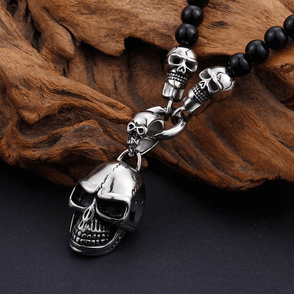 Biker Chain Necklace Glass Beads / Rock Style Stainless Steel Skull Pendant