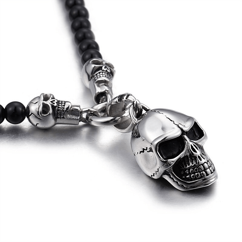 Biker Chain Necklace Glass Beads / Rock Style Stainless Steel Skull Pendant