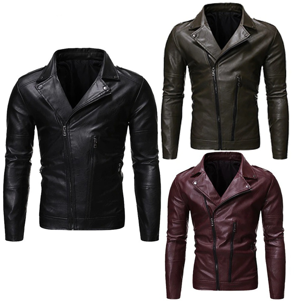 Biker Jacket With Oblique Zipper / Fashion Men's Solid PU Leather Jackets