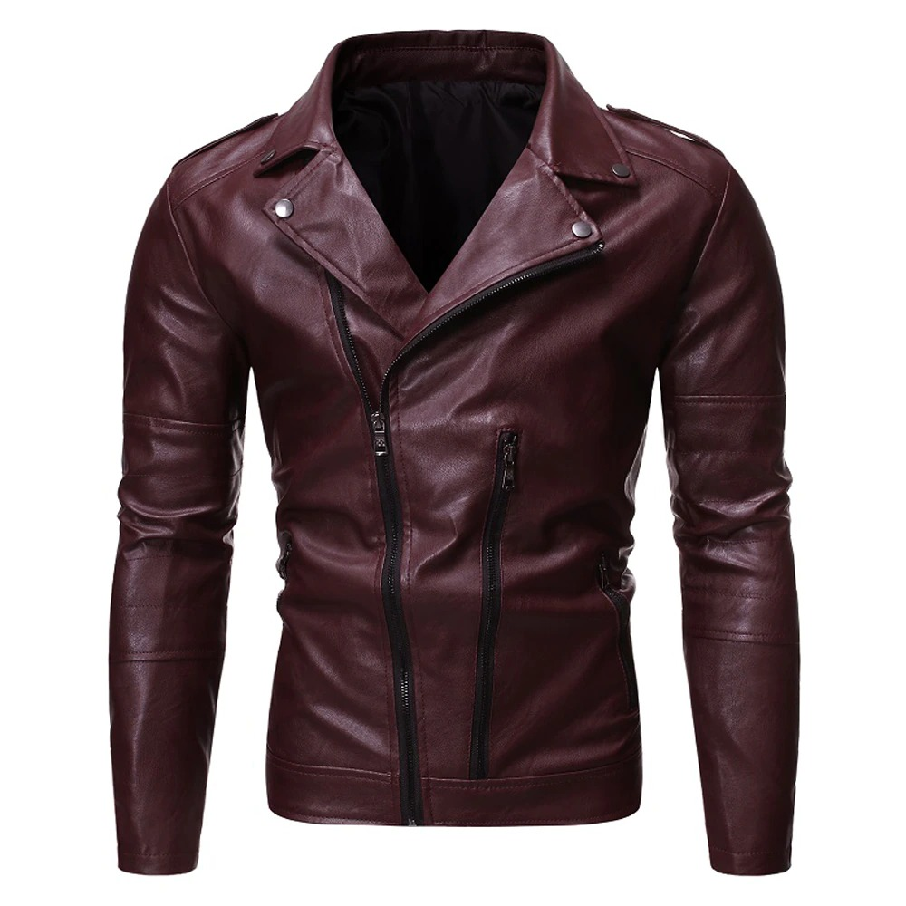 Biker Jacket With Oblique Zipper / Fashion Men's Solid PU Leather Jackets