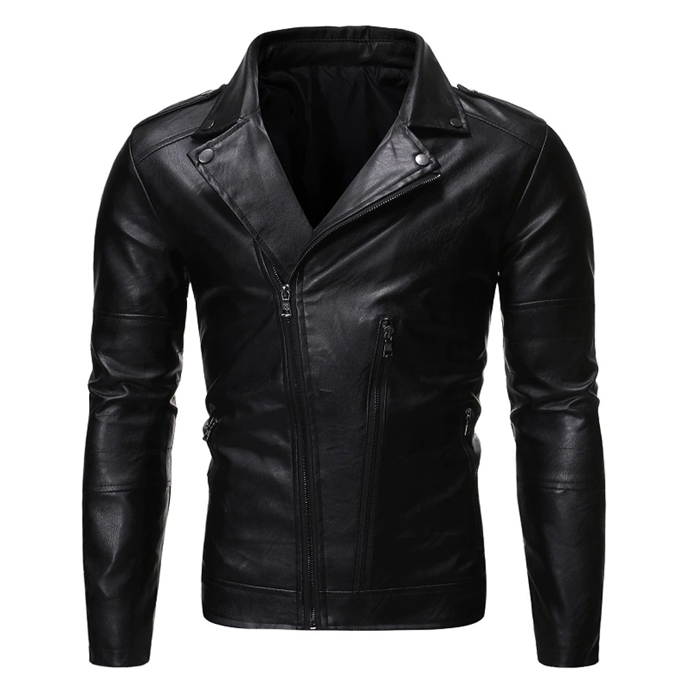 Biker Jacket With Oblique Zipper / Fashion Men's Solid PU Leather Jackets