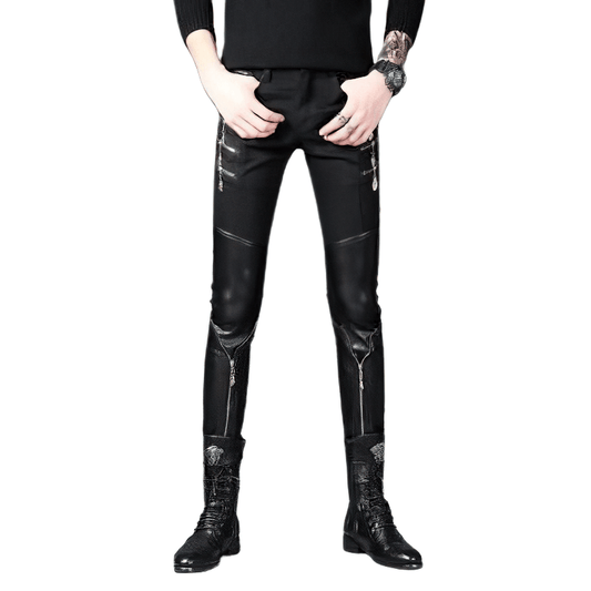 Biker Male Patchwork Slim Fit Trousers / Fashion Black Skinny Pants for Men