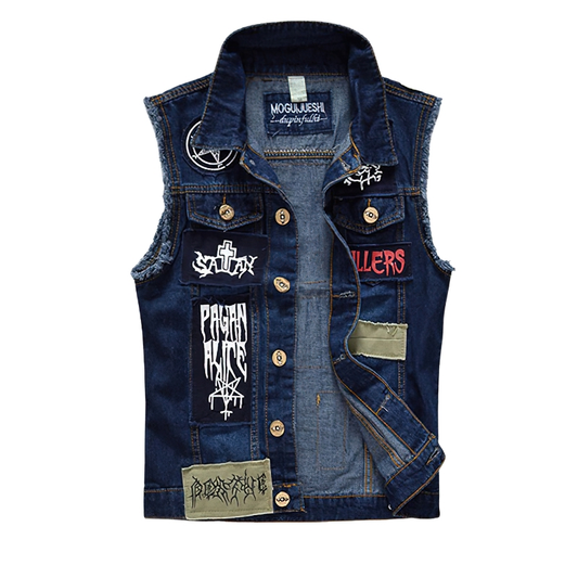 Biker Men Denim Vests with Pentagrams / Blue Patches Design Waistcoat in Gothic Style