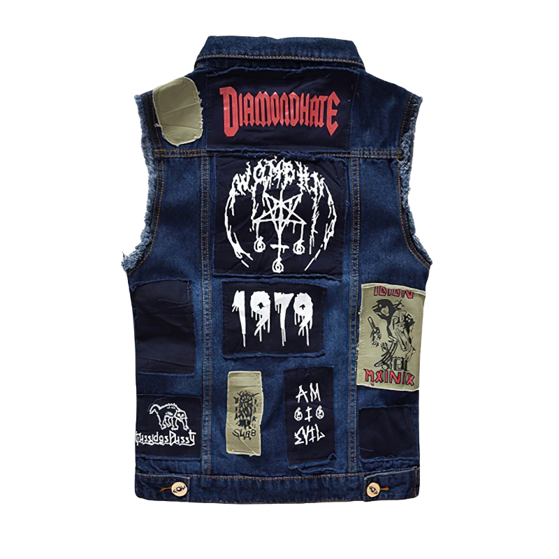 Biker Men Denim Vests with Pentagrams / Blue Patches Design Waistcoat in Gothic Style
