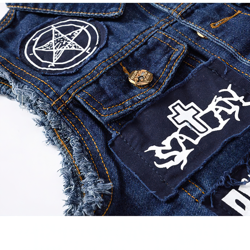 Biker Men Denim Vests with Pentagrams / Blue Patches Design Waistcoat in Gothic Style