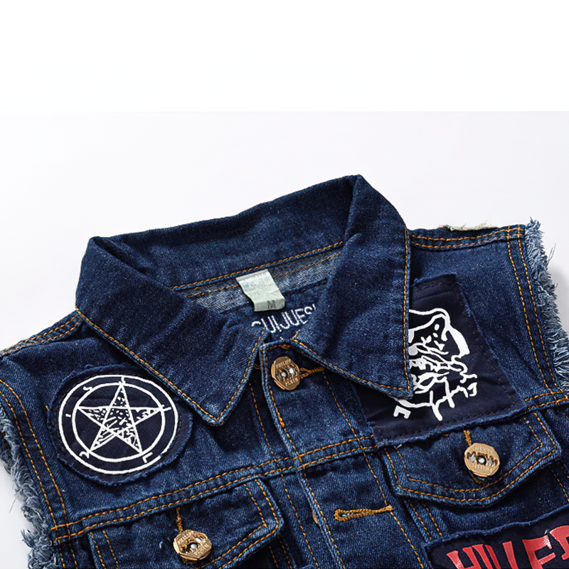 Biker Men Denim Vests with Pentagrams / Blue Patches Design Waistcoat in Gothic Style