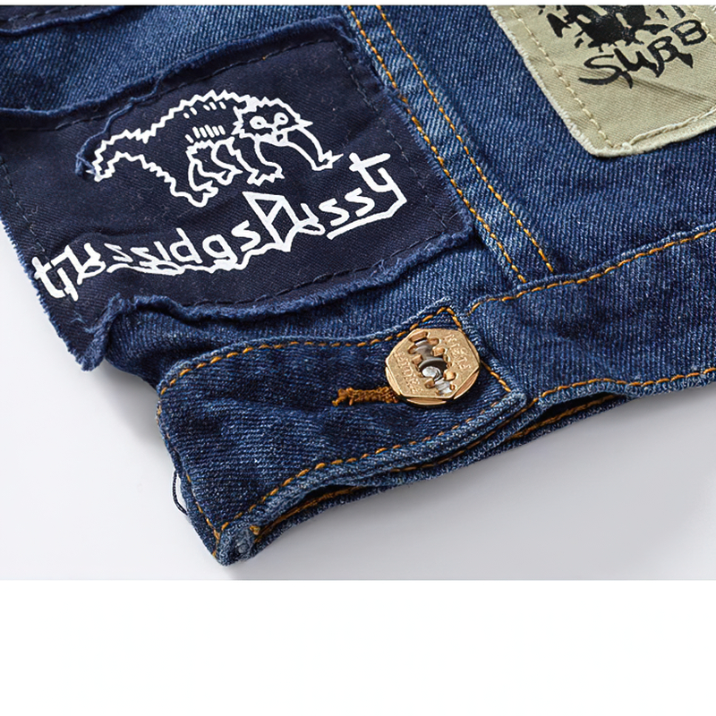 Biker Men Denim Vests with Pentagrams / Blue Patches Design Waistcoat in Gothic Style