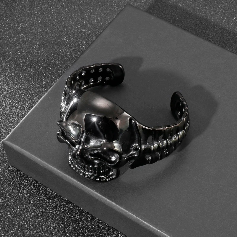 Biker Men's Skull Stainless Steel Black Color  Bracelet / Gothic Male Open Bracelets