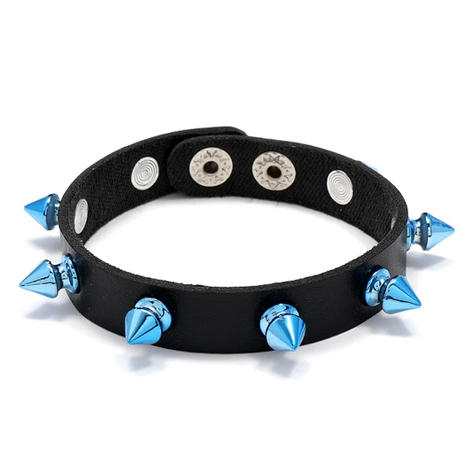 Biker Unisex Bracelet PU Leather with Rivet of Blue Cone / Punk Bangles with Wide Cuff