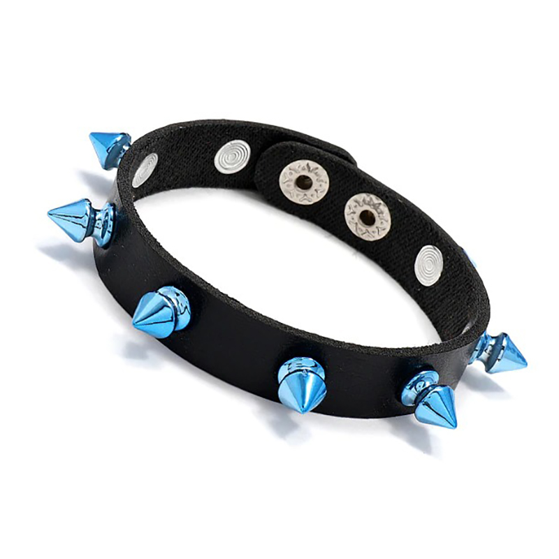 Biker Unisex Bracelet PU Leather with Rivet of Blue Cone / Punk Bangles with Wide Cuff