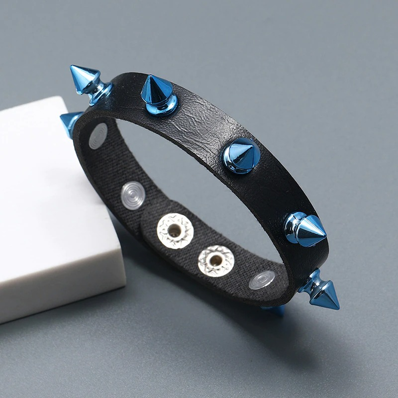 Biker Unisex Bracelet PU Leather with Rivet of Blue Cone / Punk Bangles with Wide Cuff