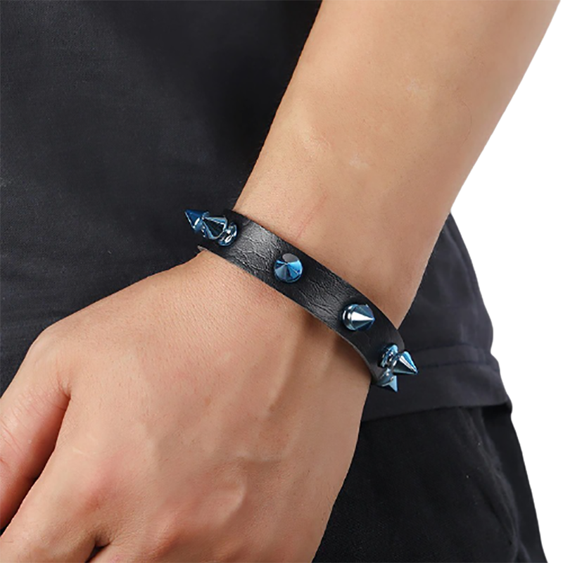 Biker Unisex Bracelet PU Leather with Rivet of Blue Cone / Punk Bangles with Wide Cuff