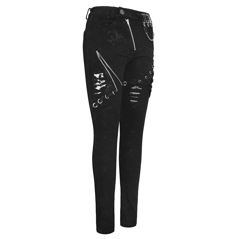Biker Women's Punk Skinny Jeans with Lace Up / Female Black Grunge Ripped Trousers