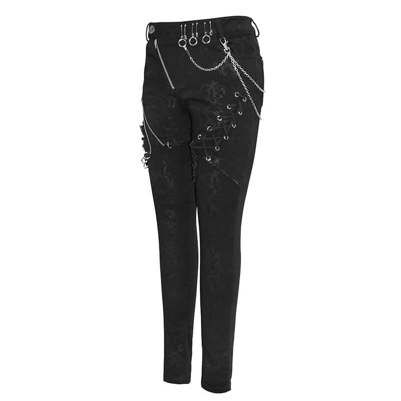 Biker Women's Punk Skinny Jeans with Lace Up / Female Black Grunge Ripped Trousers