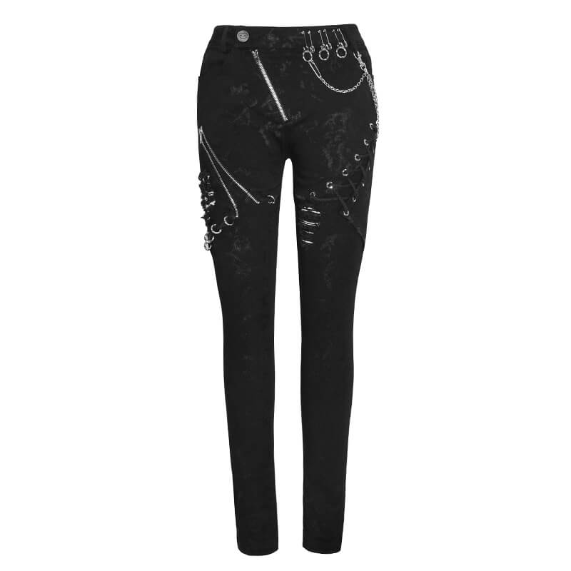Biker Women's Punk Skinny Jeans with Lace Up / Female Black Grunge Ripped Trousers