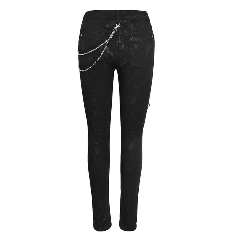 Biker Women's Punk Skinny Jeans with Lace Up / Female Black Grunge Ripped Trousers