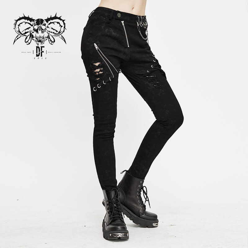 Biker Women's Punk Skinny Jeans with Lace Up / Female Black Grunge Ripped Trousers