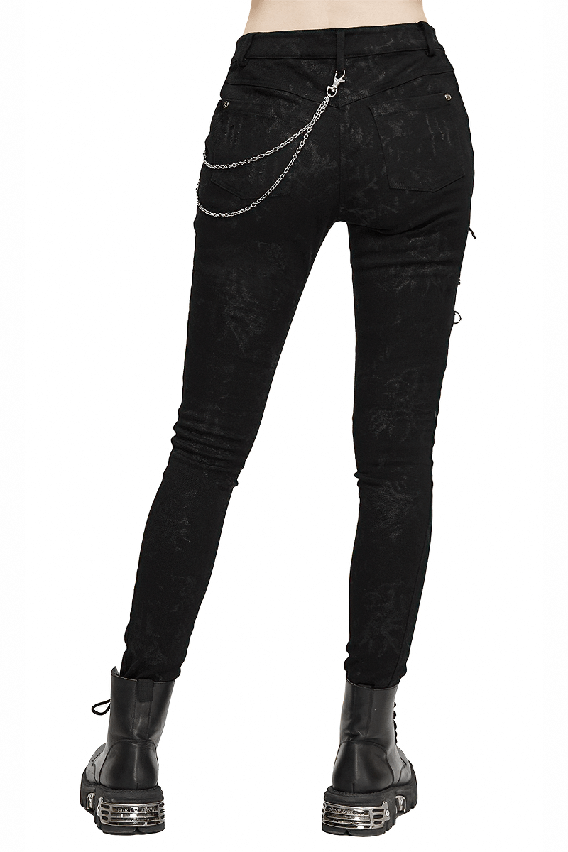 Biker Women's Punk Skinny Jeans with Lace Up / Female Black Grunge Ripped Trousers