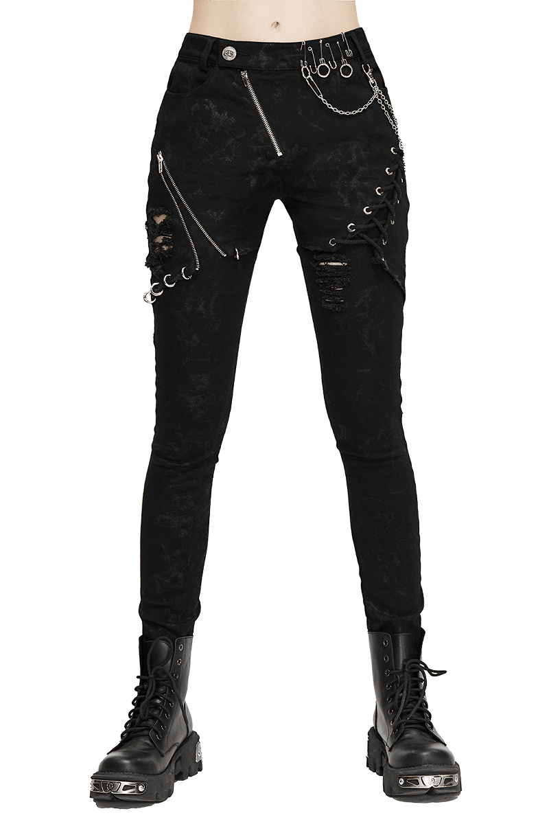 Biker Women's Punk Skinny Jeans with Lace Up / Female Black Grunge Ripped Trousers