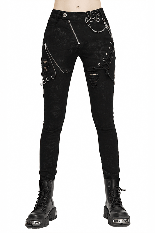 Biker Women's Punk Skinny Jeans with Lace Up / Female Black Grunge Ripped Trousers