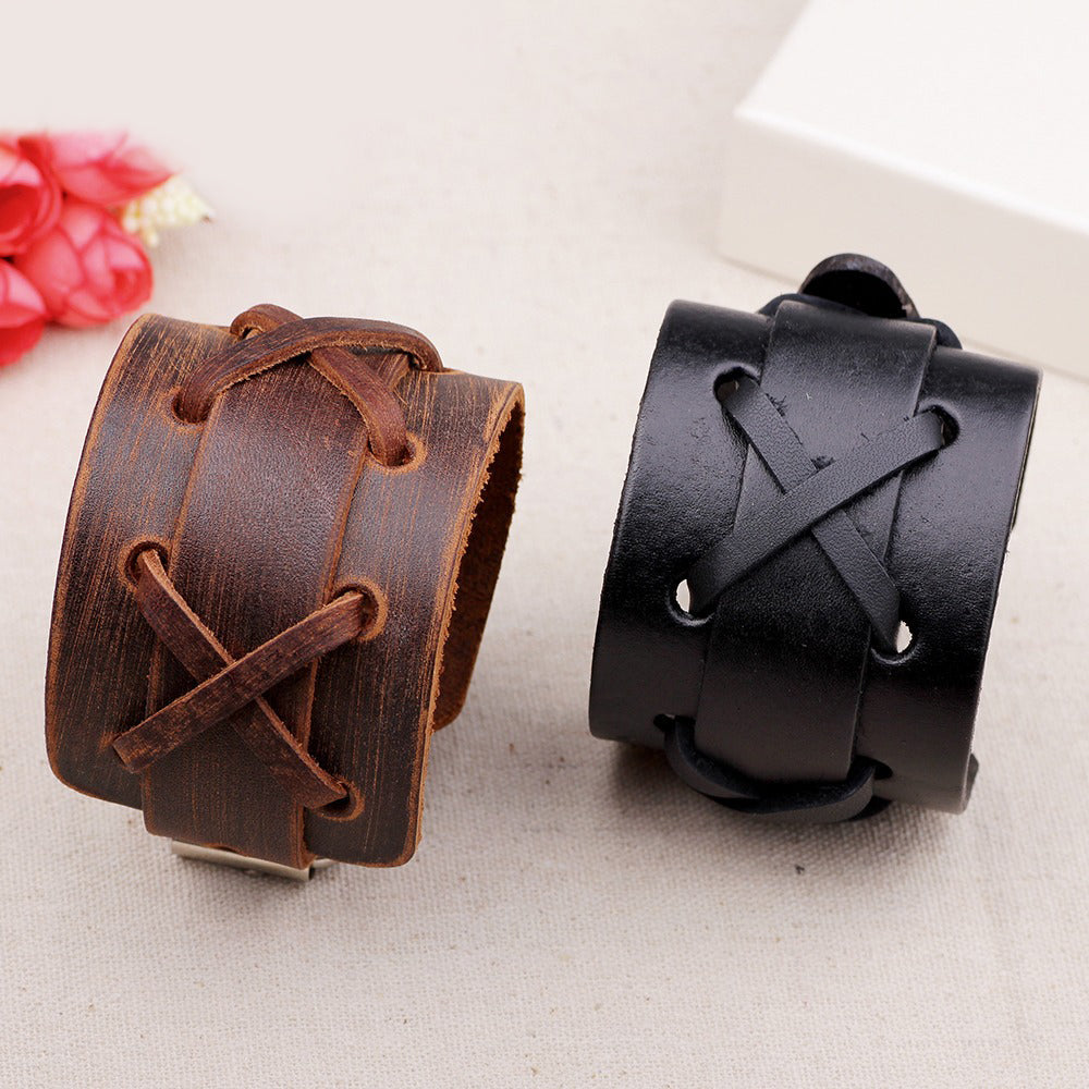 Black and Brown Genuine Leather Wide Bracelets for Men and Women / Wristbands in Rock Style