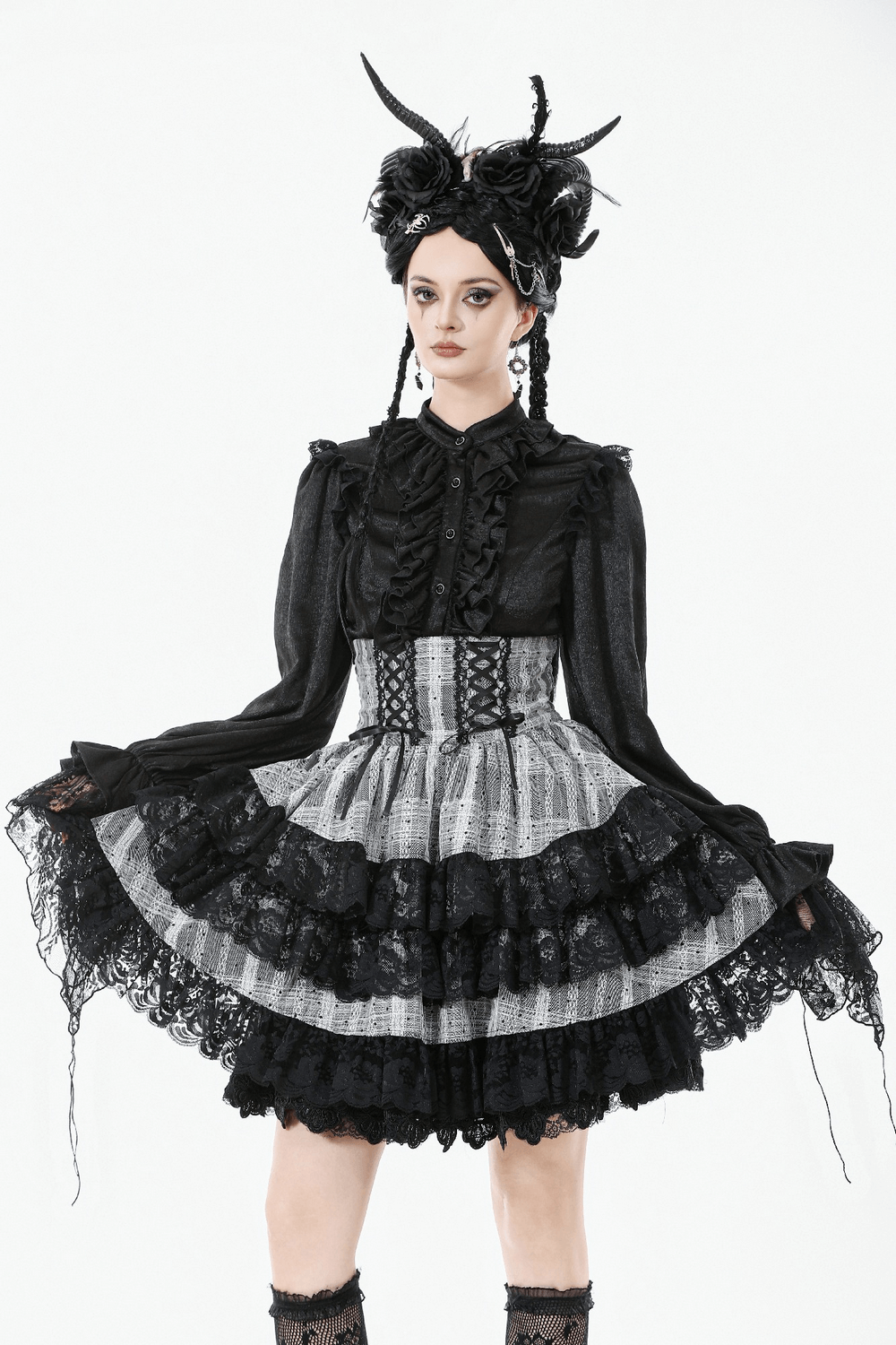 Black and Gray Lolita High-Waist Tiered Lace Skirt