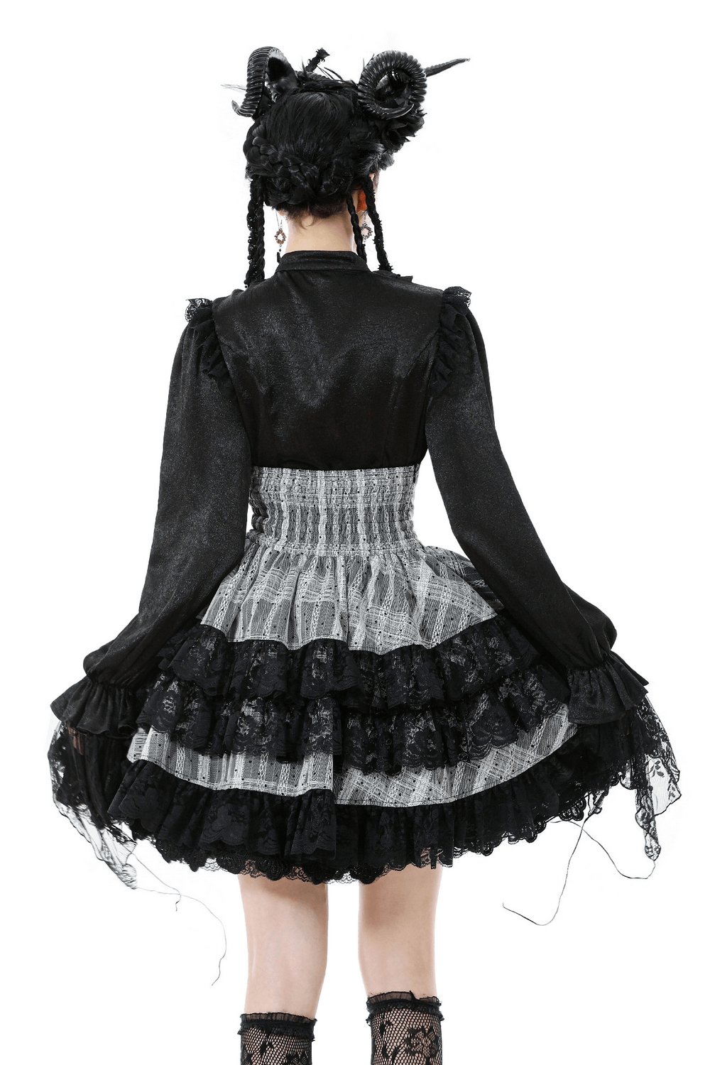 Black and Gray Lolita High-Waist Tiered Lace Skirt