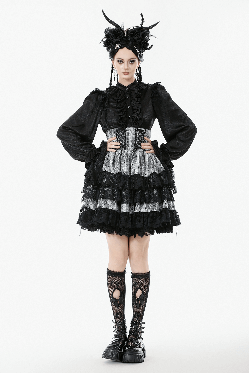 Black and Gray Lolita High-Waist Tiered Lace Skirt