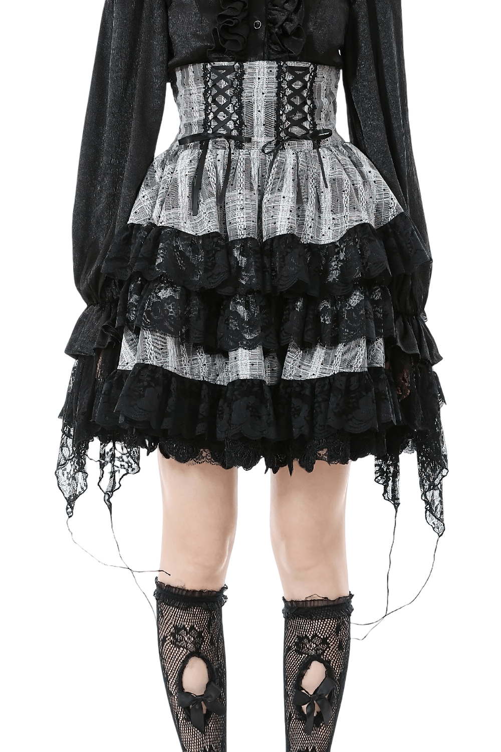 Black and Gray Lolita High-Waist Tiered Lace Skirt