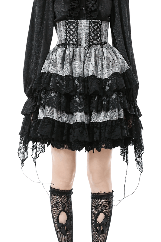 Black and Gray Lolita High-Waist Tiered Lace Skirt