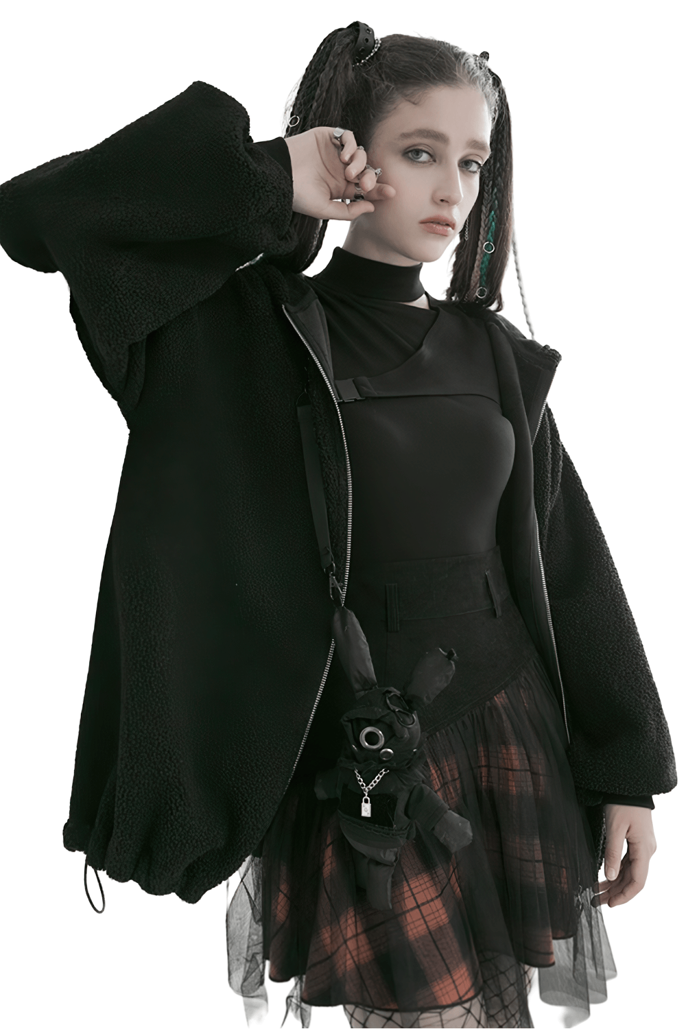 Black and Orange Plaid Mesh Skirt with Punk Rave Detailing