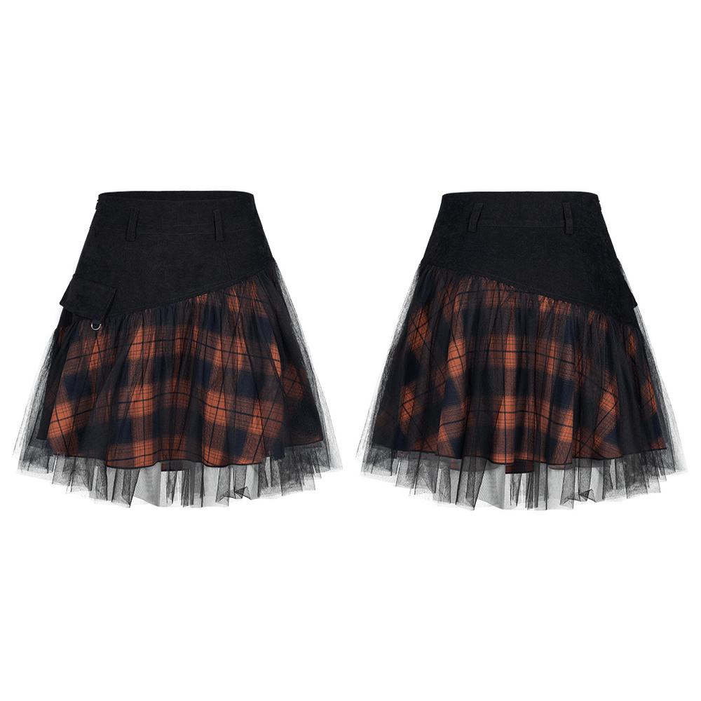 Black and Orange Plaid Mesh Skirt with Punk Rave Detailing