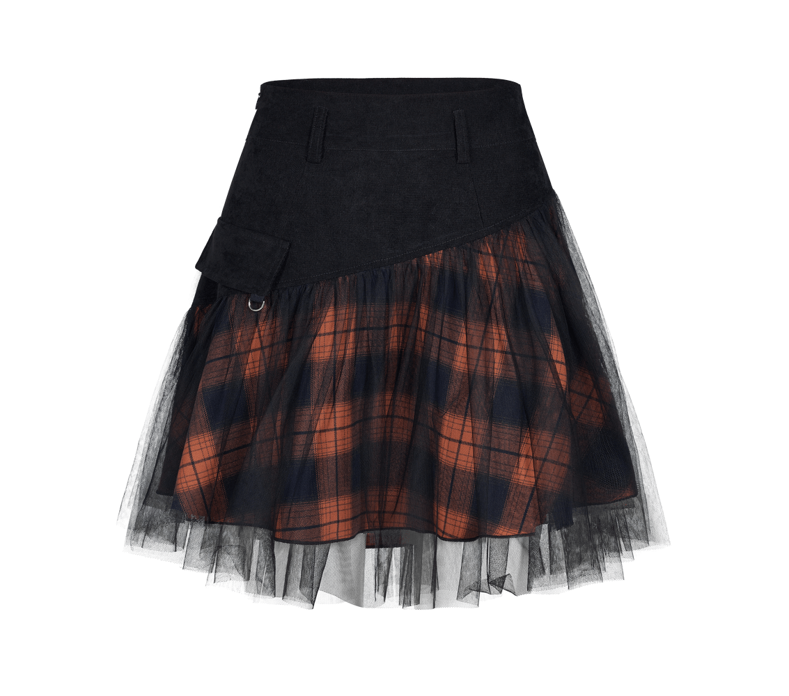 Black and Orange Plaid Mesh Skirt with Punk Rave Detailing