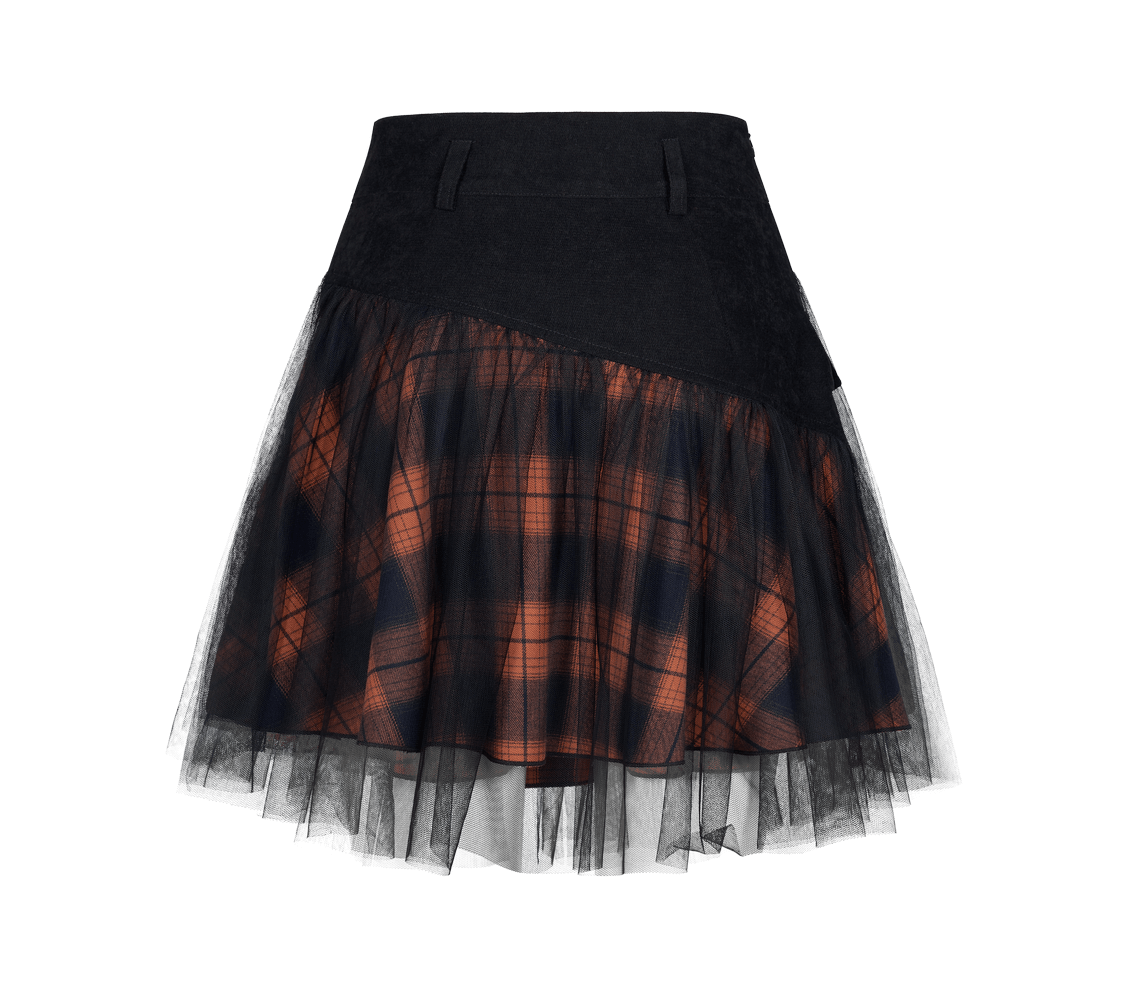 Black and Orange Plaid Mesh Skirt with Punk Rave Detailing