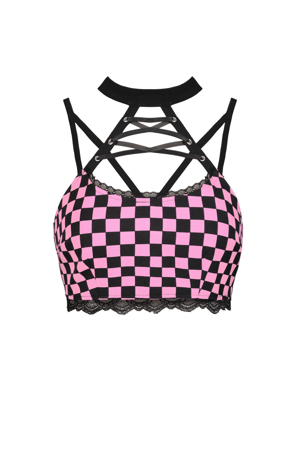 Black and Pink Punk Rock Halter Crop Top With Strappy Design