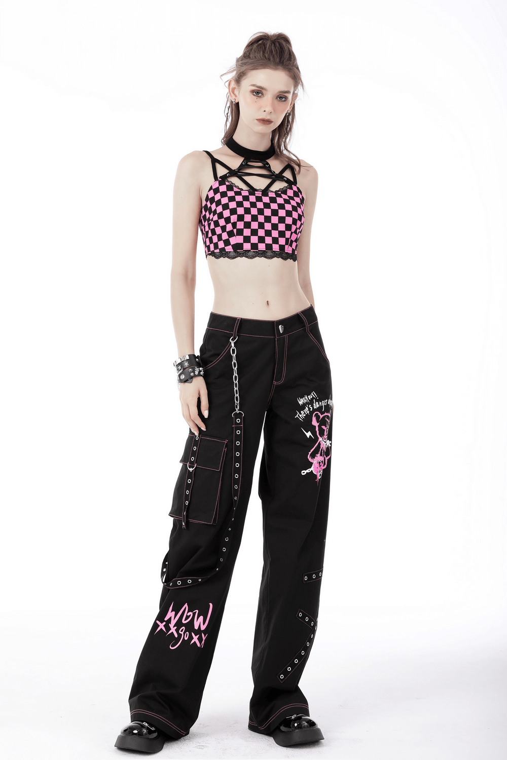 Black and Pink Punk Rock Halter Crop Top With Strappy Design
