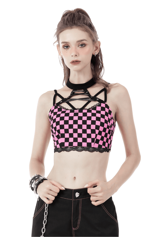 Black and Pink Punk Rock Halter Crop Top With Strappy Design