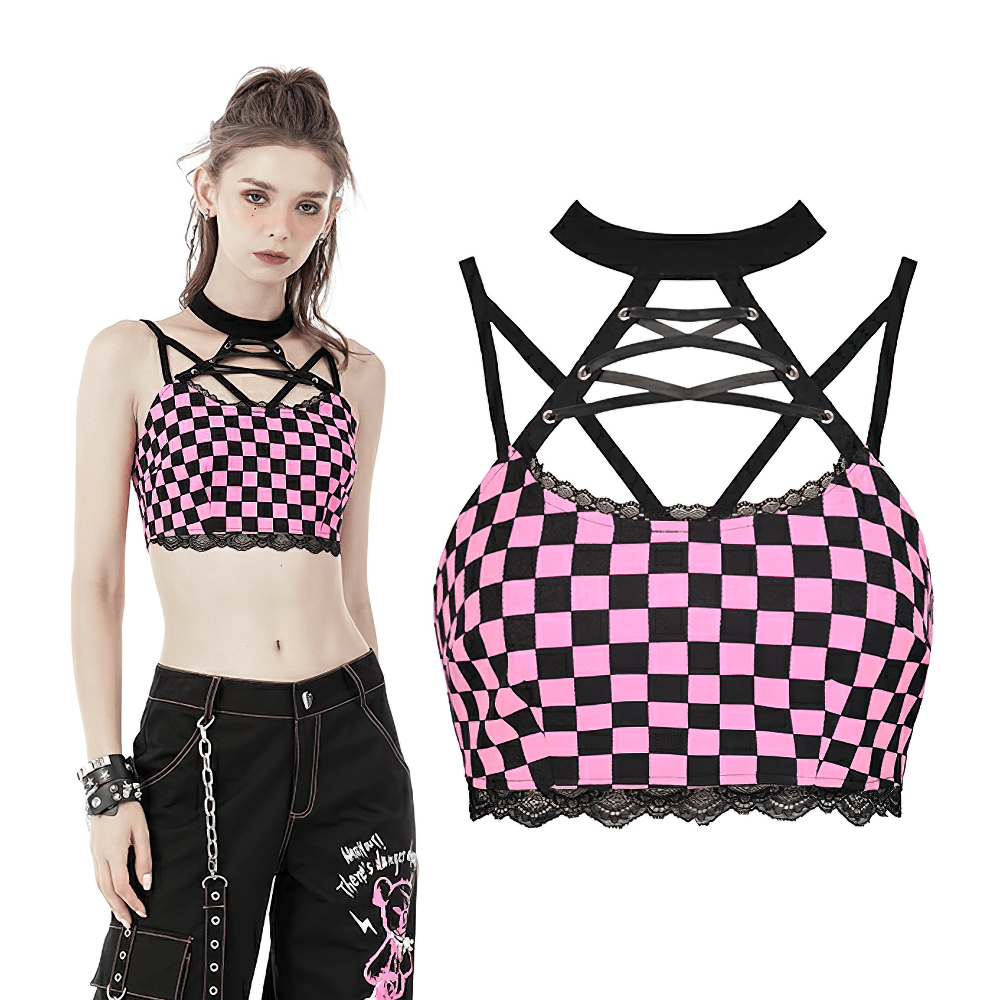 Black and Pink Punk Rock Halter Crop Top With Strappy Design
