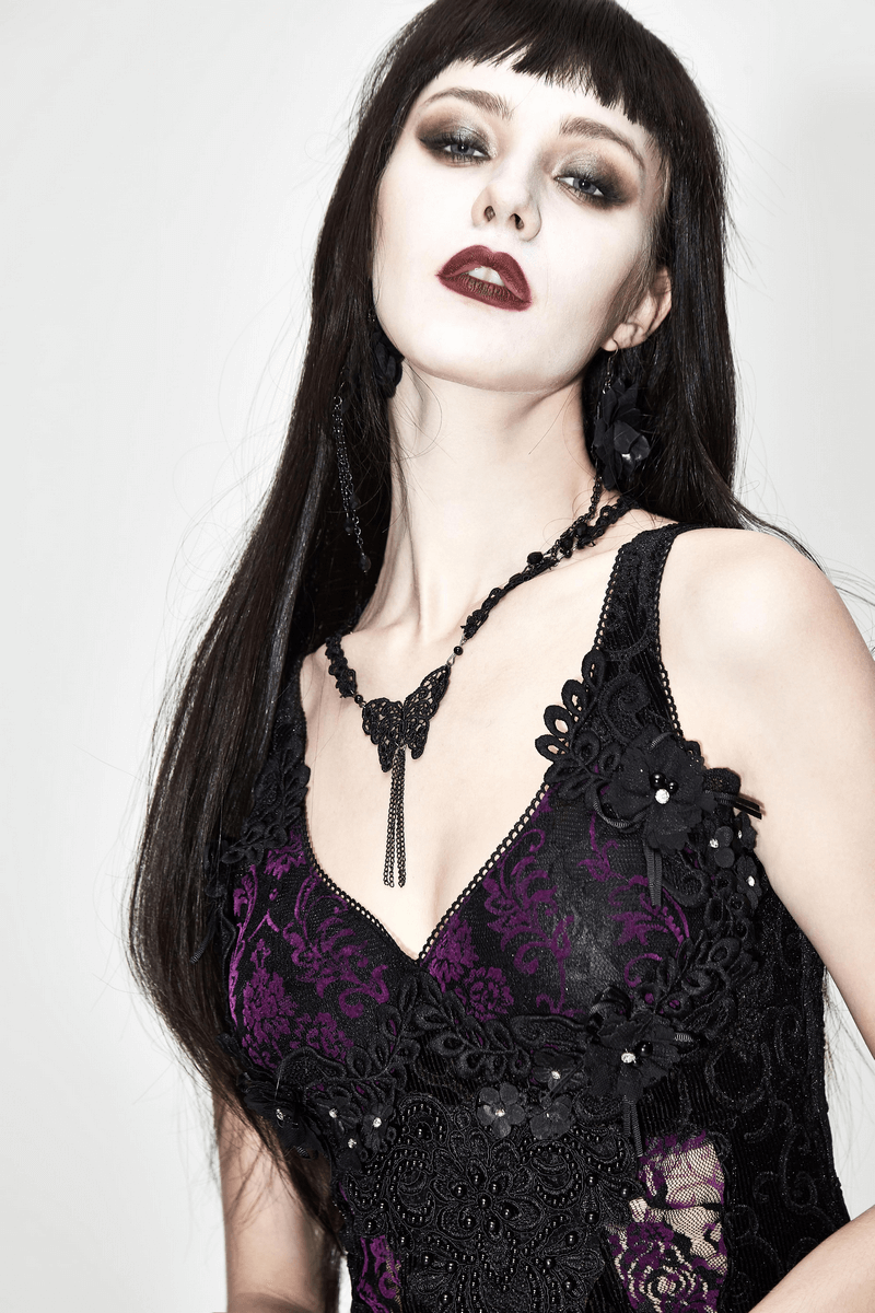 Black And Purple Sexy Gothic Lace Dress / Long Dress With Decorative Roses and Lacing