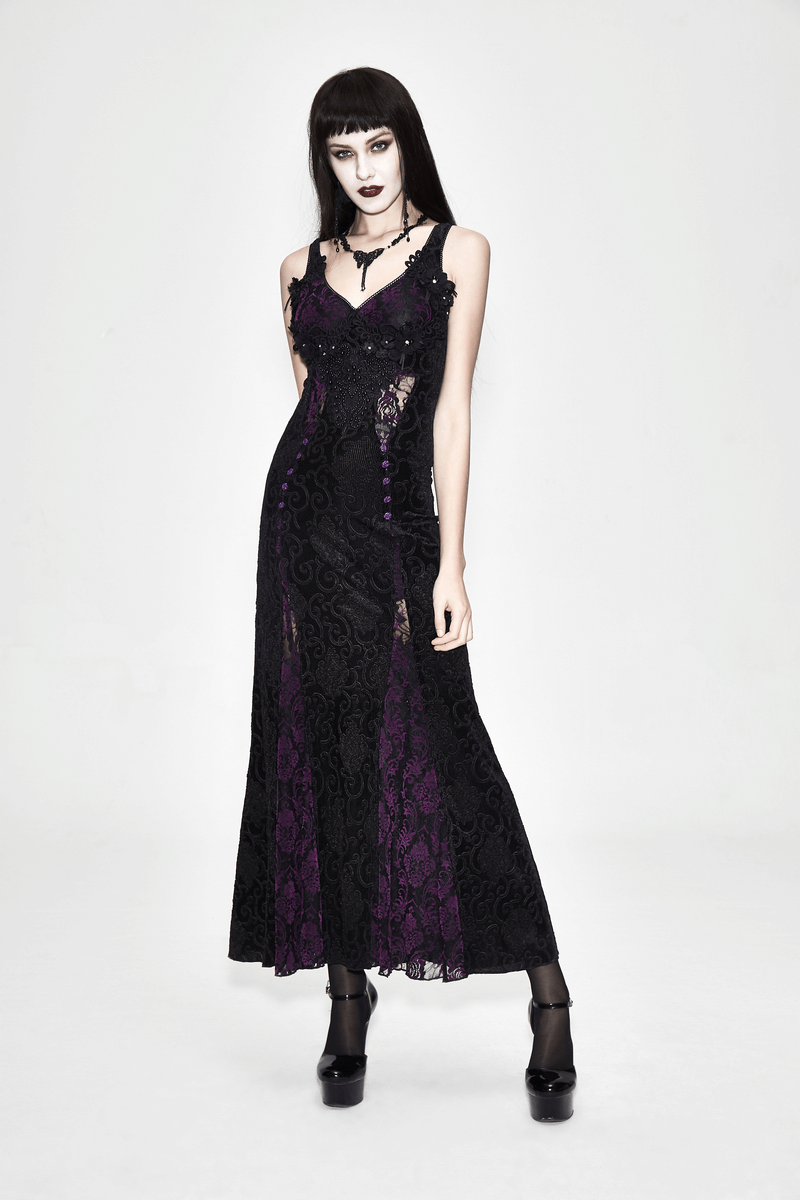 Black And Purple Sexy Gothic Lace Dress / Long Dress With Decorative Roses and Lacing