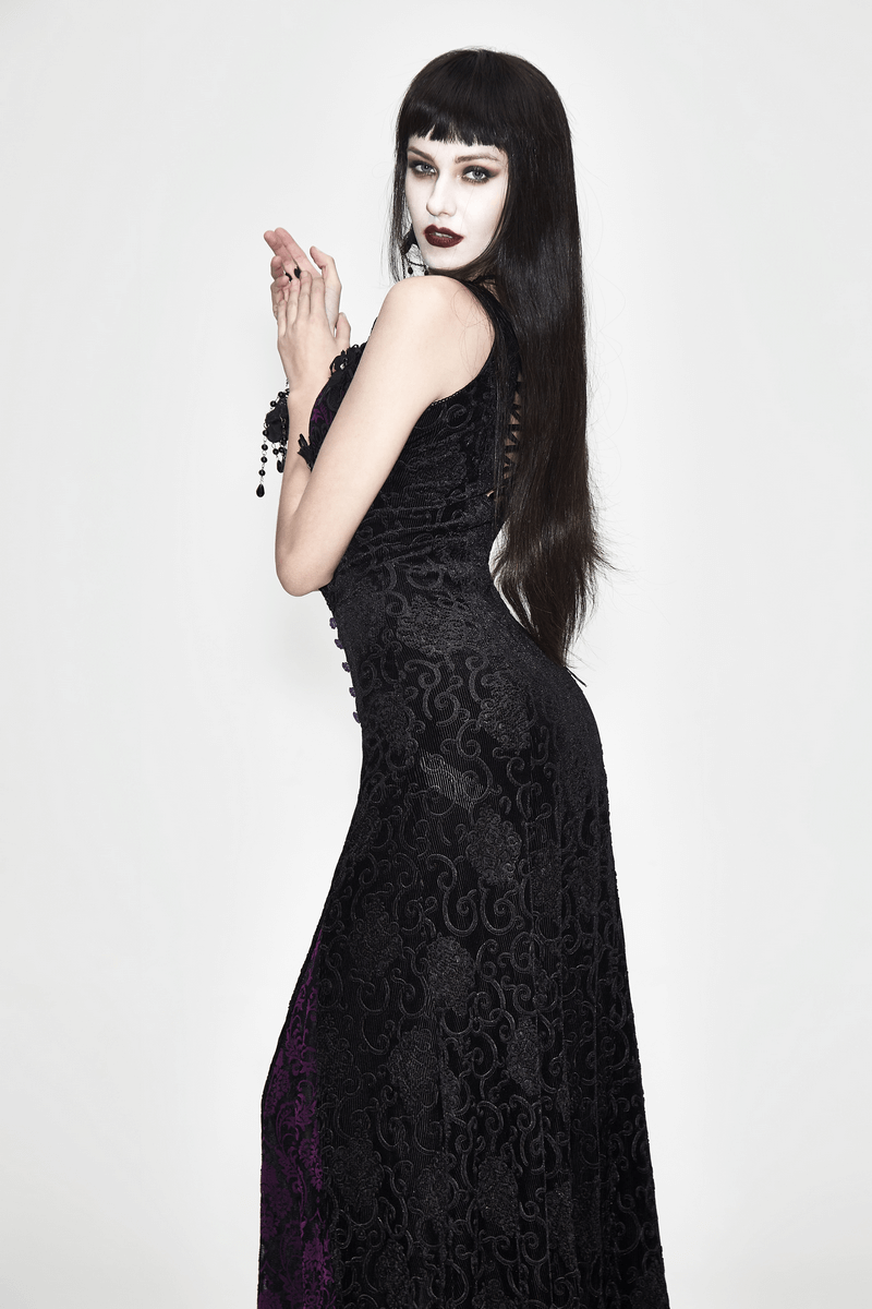 Black And Purple Sexy Gothic Lace Dress / Long Dress With Decorative Roses and Lacing