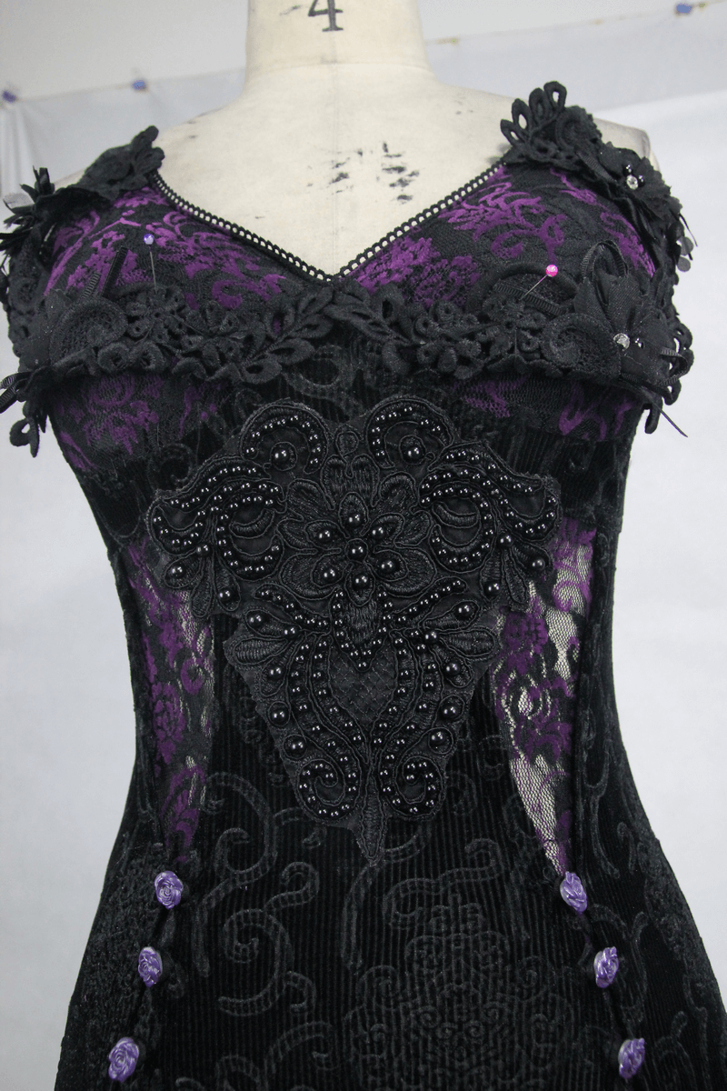 Black And Purple Sexy Gothic Lace Dress / Long Dress With Decorative Roses and Lacing