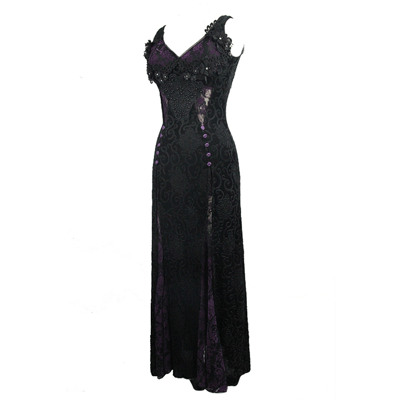 Black And Purple Sexy Gothic Lace Dress / Long Dress With Decorative Roses and Lacing