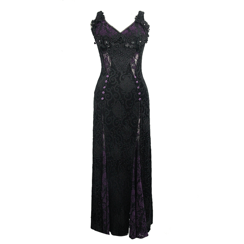 Black And Purple Sexy Gothic Lace Dress / Long Dress With Decorative Roses and Lacing